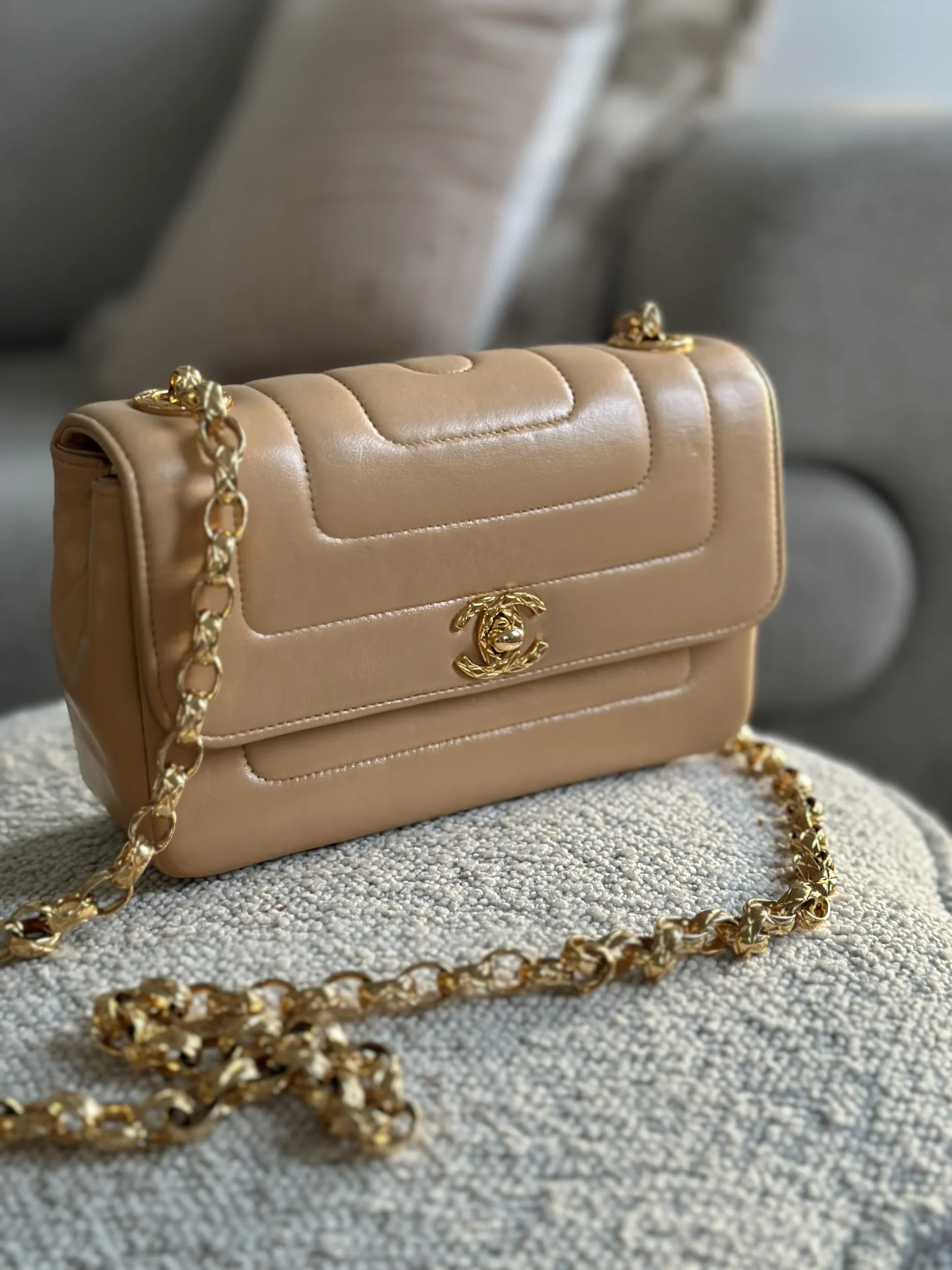 Chanel classic flap bag beige quilted logo